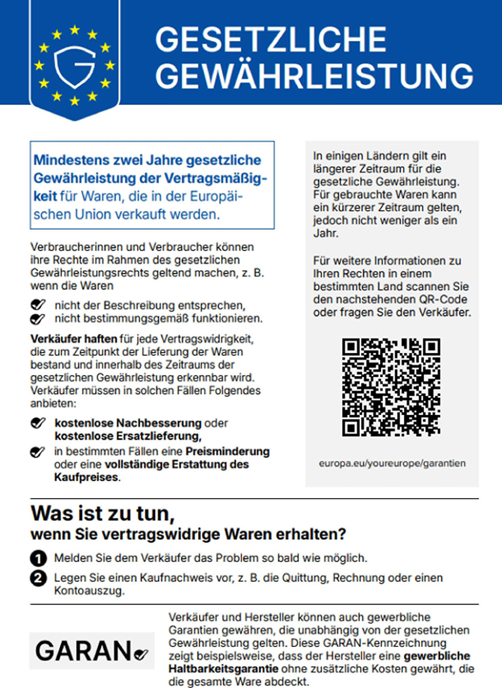 Harmonisierte Mitteilung &uuml;ber das gesetzliche Gew&auml;hrleistungsrecht. Sie haben Anspruch auf Reparatur oder Ersatz innerhalb von zwei Jahren.